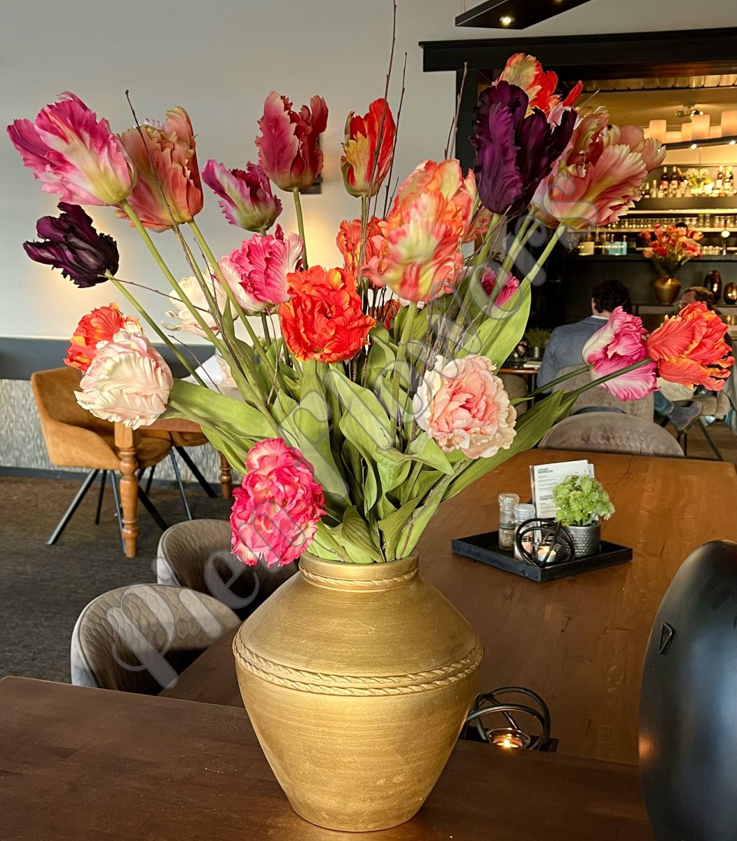 Zijde bloemen kunstbloemen arrangement gouden pot lange franse